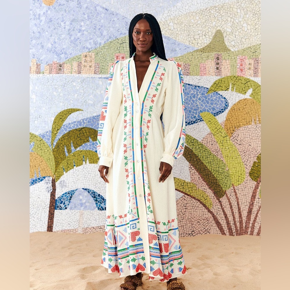 FARM Rio Embroidered White Maxi Dress with Multicolor Trim - Picture 3 of 16